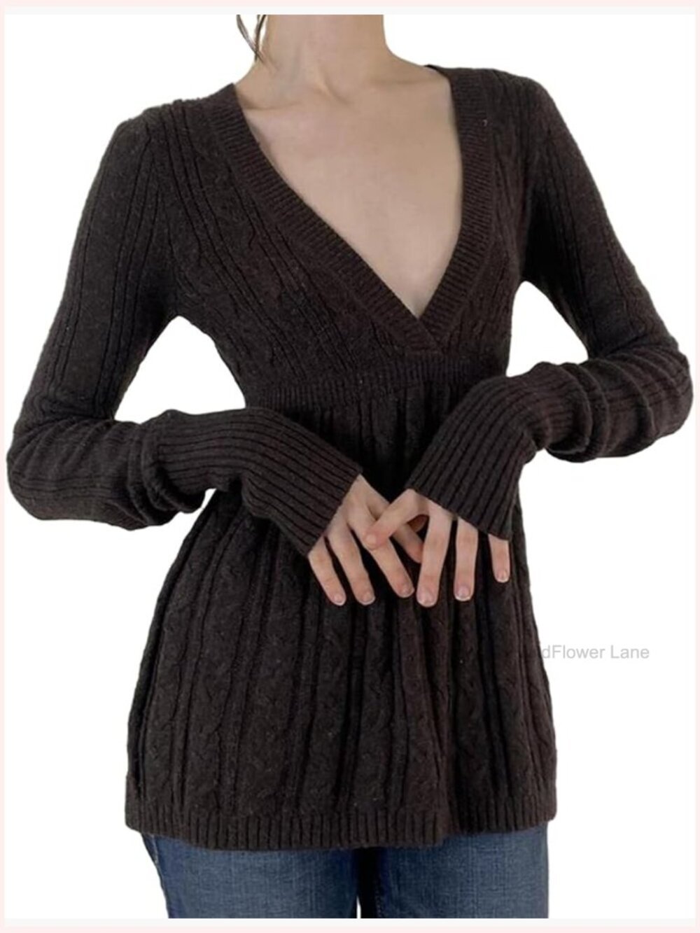 Y2K Fairy Grunge Long Sleeve Babydoll Top V Neck Lace Frill Knit Peplum Blouse